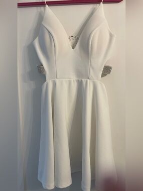 White Spaghetti-Strap Mini Dress with Rhinestone Side Bands